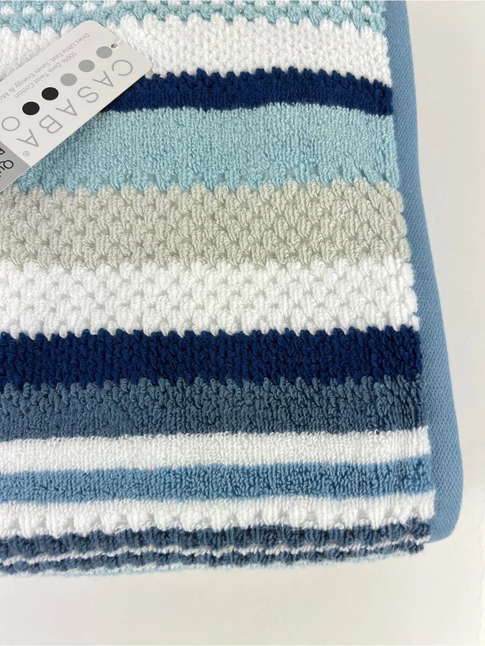 Casaba 2 Pc Bath Towel Set Blue White Taupe Striped Super Soft Cotton Blend NEW